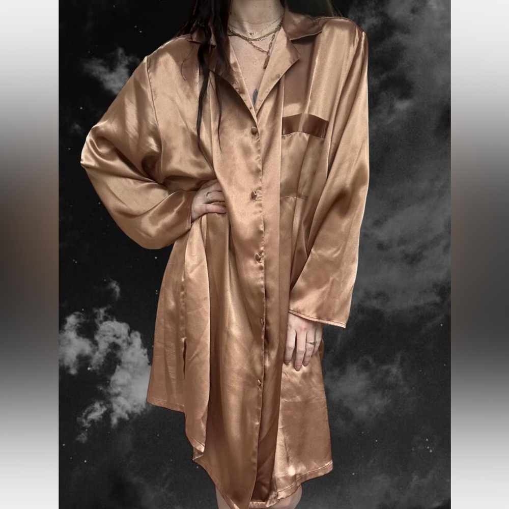 Vintage Satin Button-Up Shirt Dress in Gold Bronze